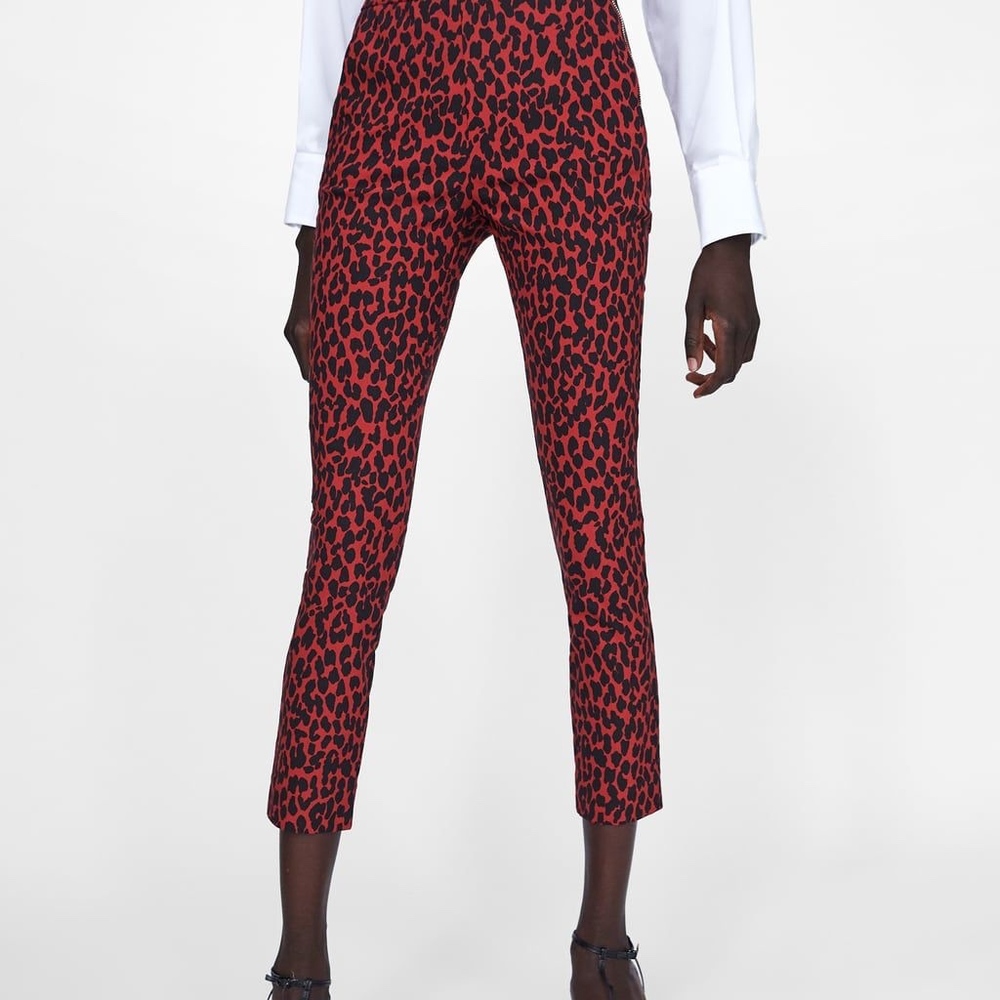 Zara Red and Black Leopard Print Pants | US M